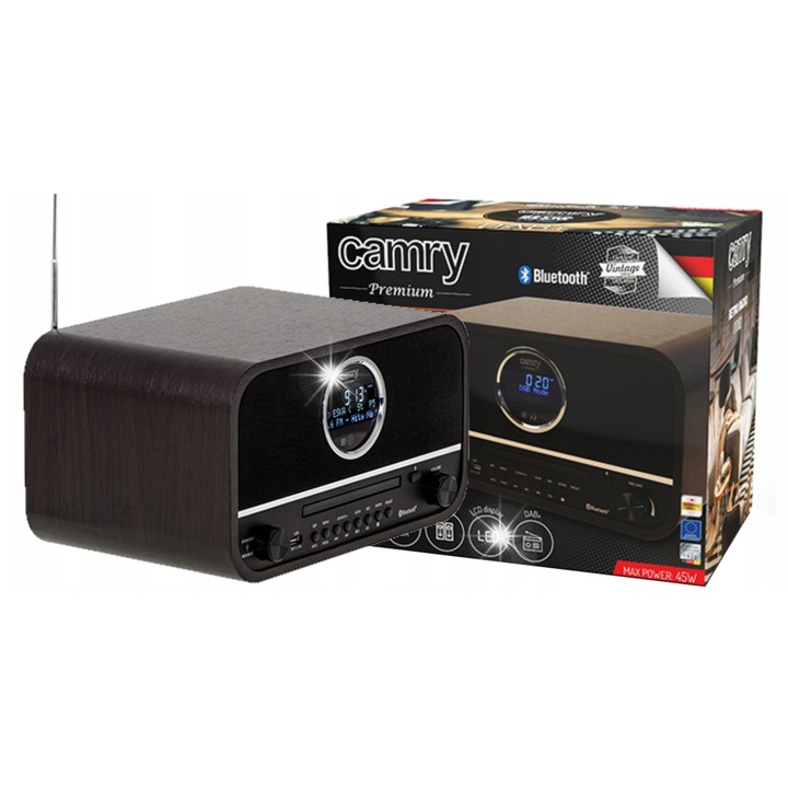 Radio retro Camry, Bluetooth, DAB+/FM/CD, lemn, 17.5x21x31cm