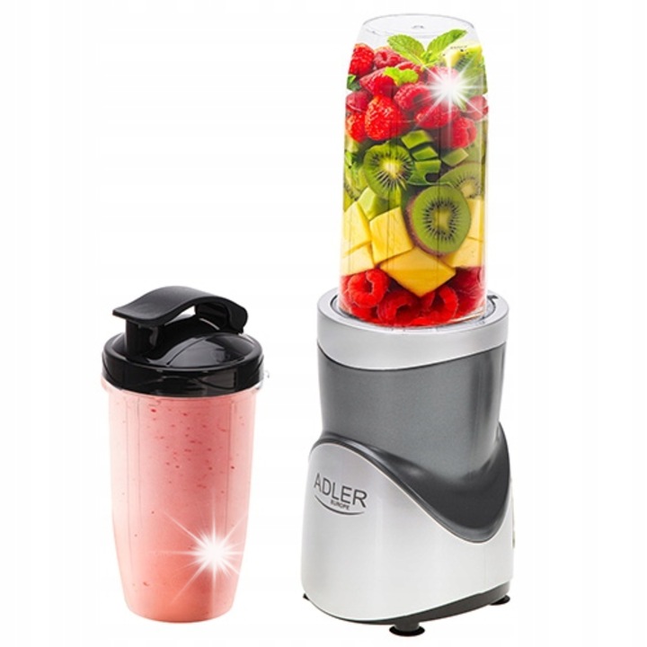 Блендер за смути Adler AD 4084, 1200W, комплект с 3 кани, функция за трошене на лед, сребристо-сив