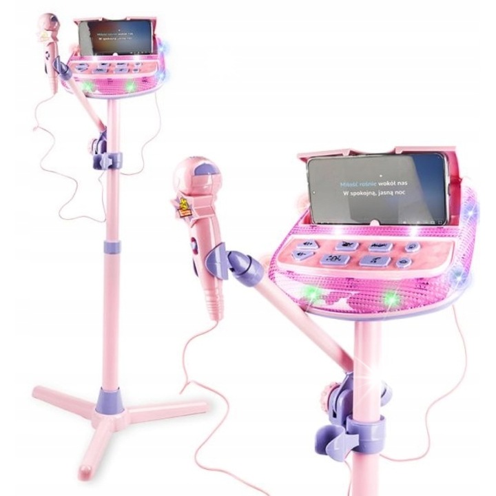 Karaoke szett gyerekeknek, Music Express, MP3 lejátszó, mikrofon, állvány, rózsaszín, 4 db AA elem