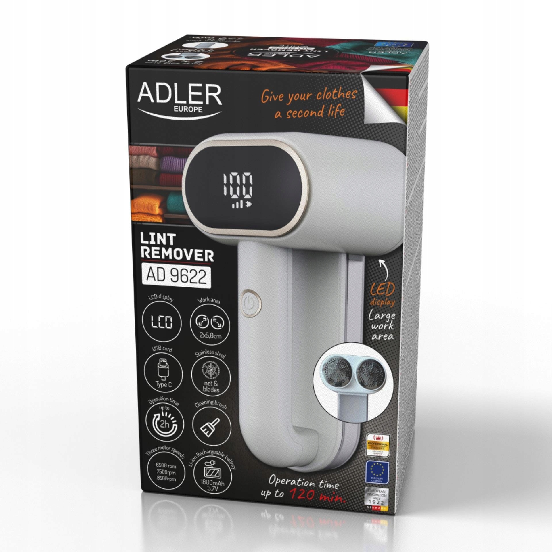 Aspirator textil Adler AD 9622, set cu cablu USB-C, 3 viteze, alb cu accente aurii, 20x12,5x10cm