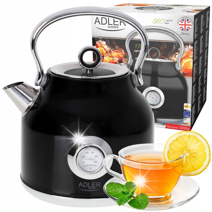 Ceasca electrica fara fir Adler Strix 1,7l, 2200W, neagra, cu termometru