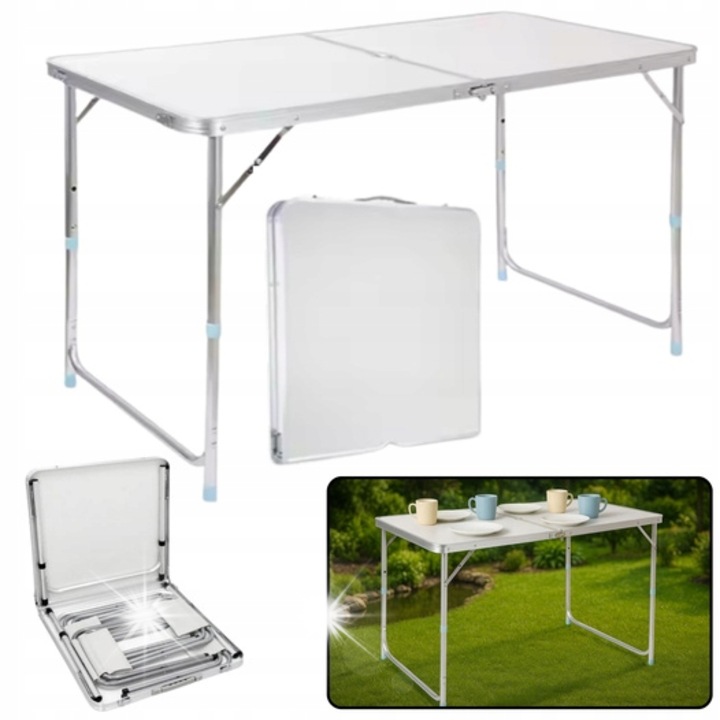 Masa turistica pliabila Lean, 120x60cm, alba, aluminiu, inaltime reglabila, set