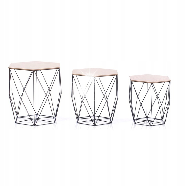 Set 3 mese de cafea Asteria, Homede, natural, picioare negre, dimensiuni: 35x28x34cm, 40x33x39cm, 45x38x44cm