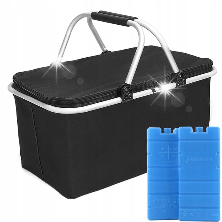 Cos picnic termic pliabil cu 2 incuietori 400 ml, dimensiuni 47x28x23 cm, negru