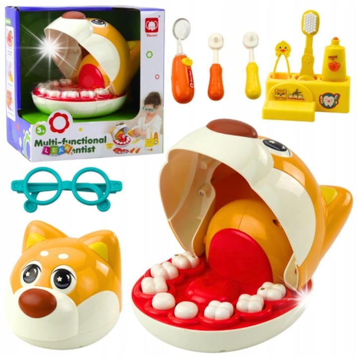 Set joaca doctor, LeanToys, dentist, 8 dinti, oglinda iluminata, 17x11x13cm