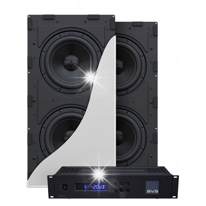 Subwoofer in perete SVS 3000 In-Wall, sistem dual 2 x 9 inchi cu amplificator Sledge STA-800D2C 800W RMS (2500W varf), negru, grila alba, dim. 679.6 x 349.6 x 34 mm