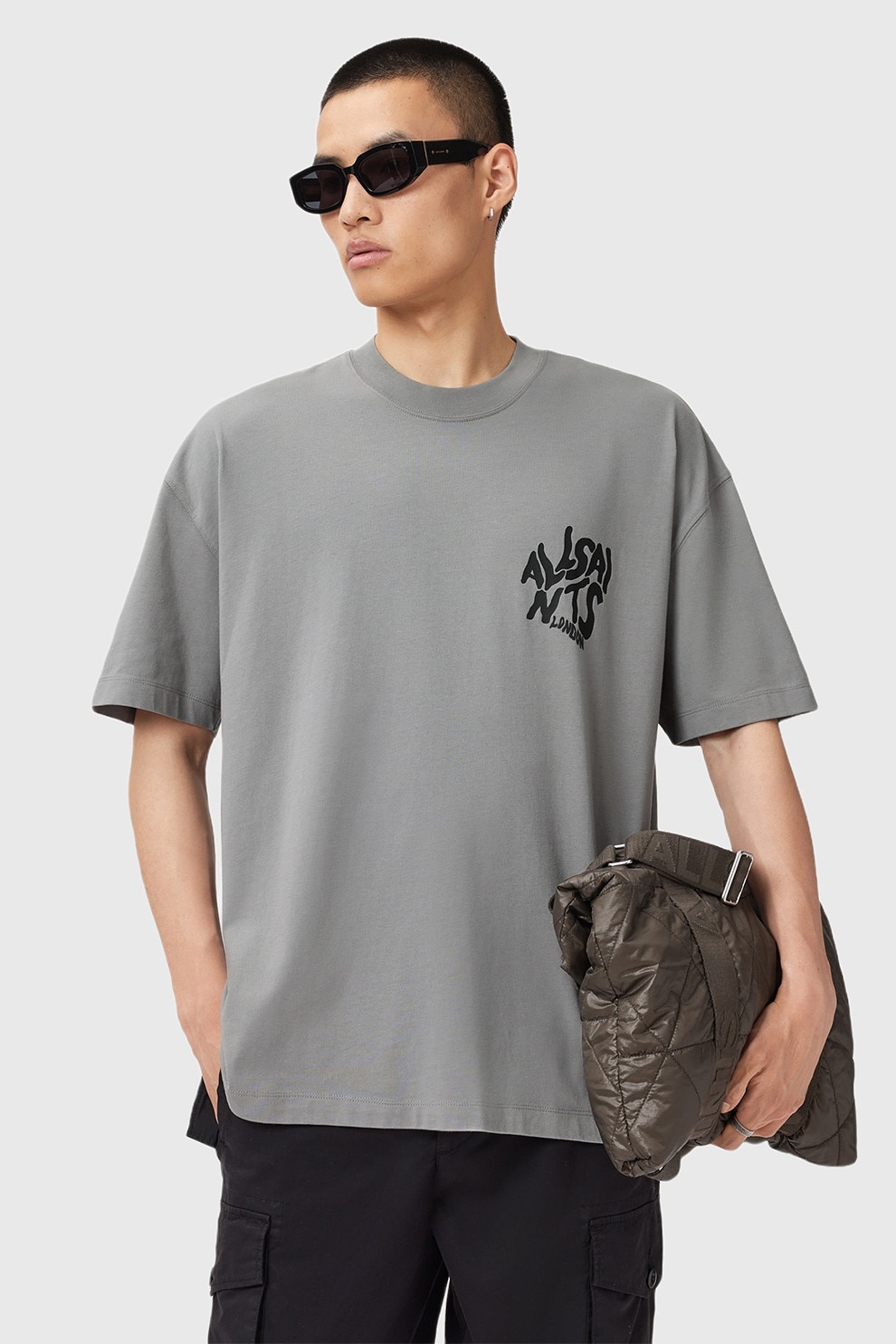 AllSaints, Tricou supradimensionat din bumbac cu imprimeu logo contrastant Orlando, Gri, Negru stins, L