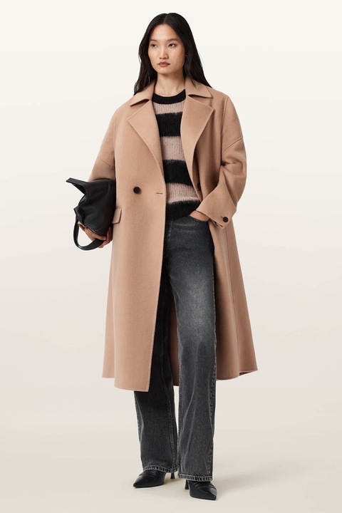 AllSaints, Trenci lung din amestec de lana cu nasturi Sellma, Maro deschis