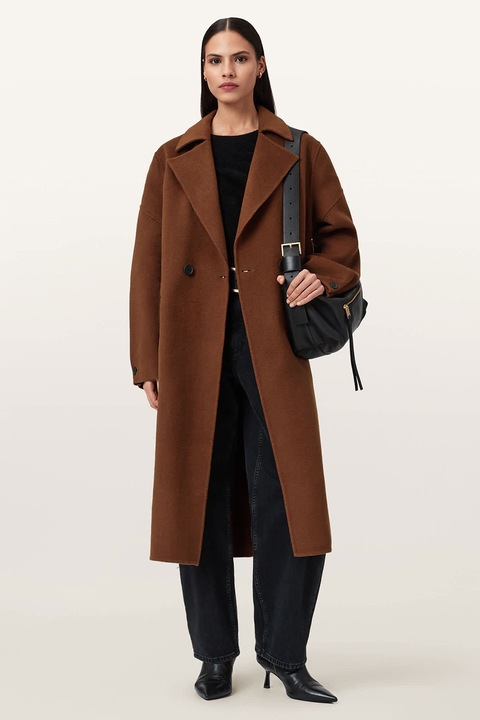 AllSaints, Trenci lung din amestec de lana cu nasturi Sellma, Maro