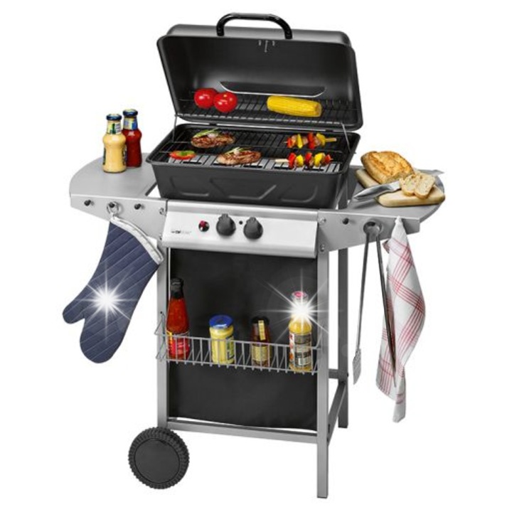 Газов грил Clatronic, 5,5 kW, 2 зони, черен, неръждаема стомана