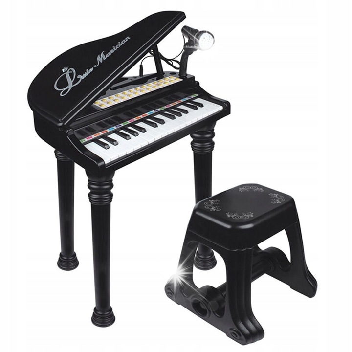 Gyermek zongora 37 billentyűvel, mikrofonnal és székkel, 60x40x35cm, fekete