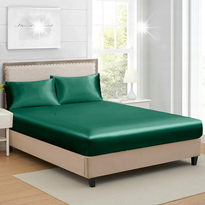 Cearceaf de pat satinat cu elastic 140x200x30cm, verde inchis, set 1x cearceaf