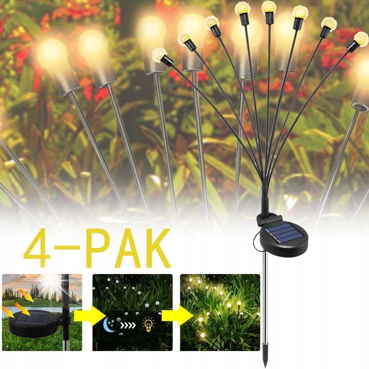 Set de 4 lampi solare pentru gradina, 8 LED-uri, alb cald, rezistente la apa