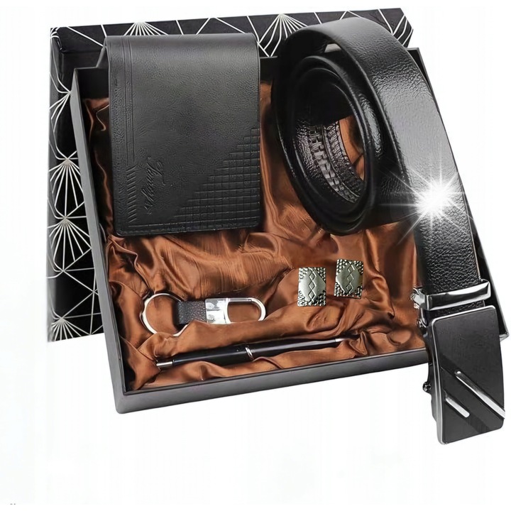 Set cadou elegant pentru barbati, portofel, curea, butoni, stilou, breloc, negru