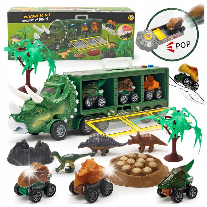 Set masinute dinozauri, TIR Triceratops, muzica si lumini, 3 autka, accesorii, multicolor
