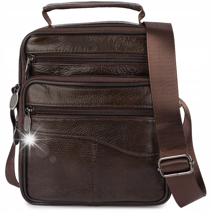 Férfi bőr táska, barna, 20x18x7cm, 5 zseb, állítható pánt 90-167cm