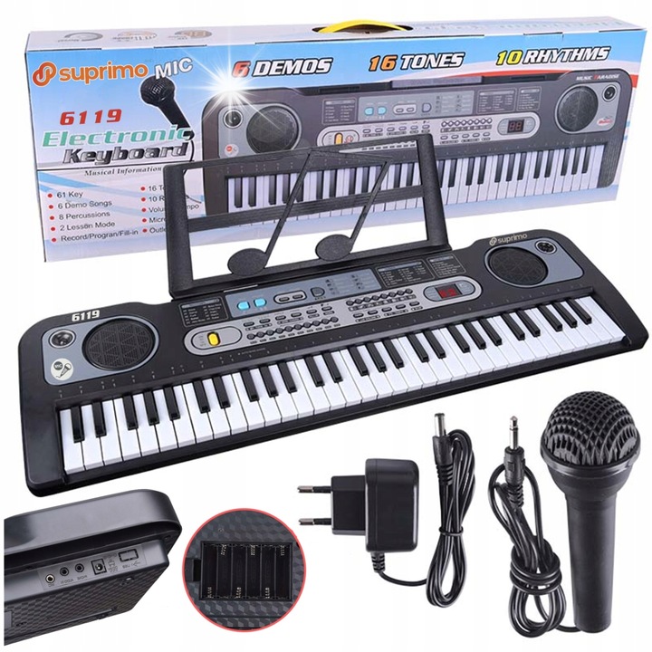 Suprimo 6119 oktató billentyűzet gyerekeknek, 61 billentyű, mikrofonnal, fekete, 76x23x6,1cm, teljes készlet