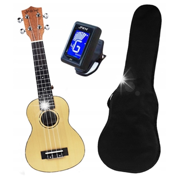 Ukulele 21" Jeremi, lucfenyő és Etimoe fa, nylon húrokkal, natúr felület, tokkal együtt