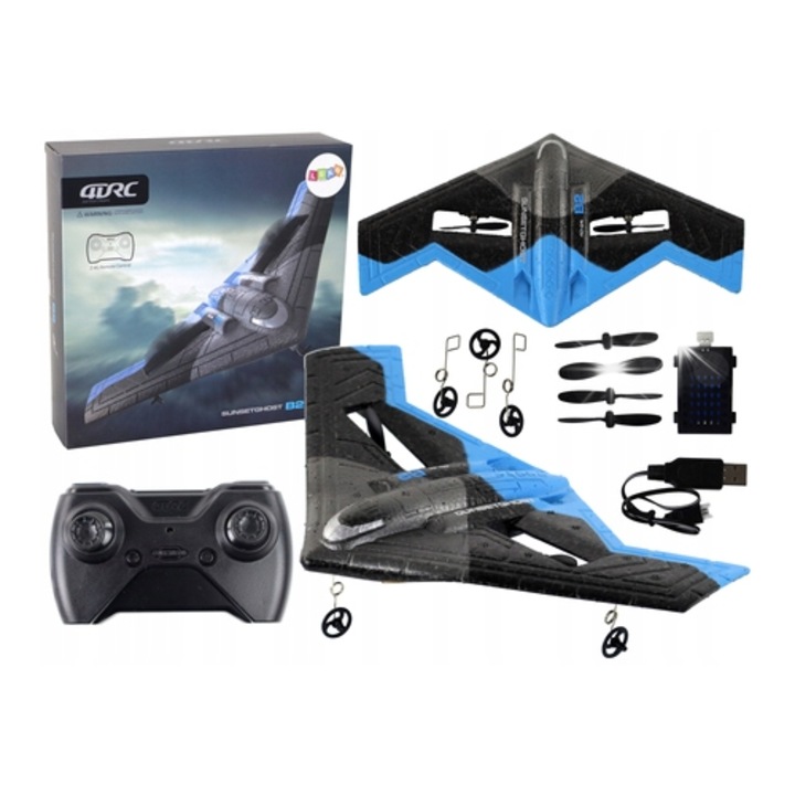 Avion R/C Lean Toys 4D-G4, cu lumini, albastru/negru, 25x1x15cm, set complet