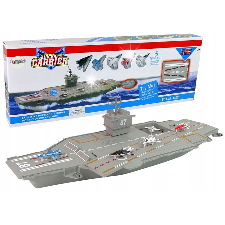 Set jucarie lotniskowiec cu 5 avioane, Lean Toys, efecte sonore si lumini, 76x23x7cm, culoare militara