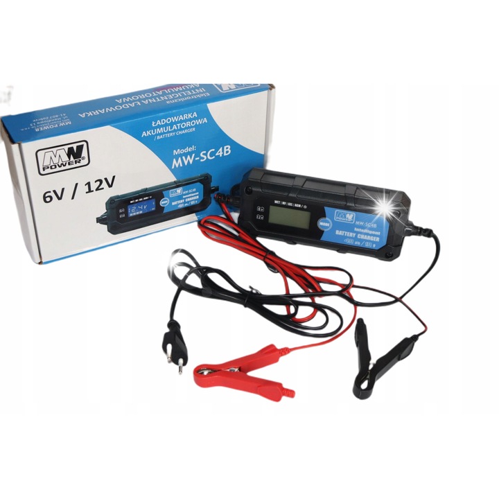 Incarcator inteligent pentru acumulatori 6V/12V, MW Power, 70W, IP65, 177x71x44mm, negru