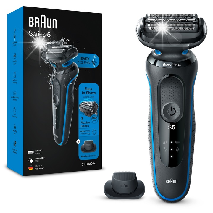 Ras electric Braun Series 5 51-B1200S, 3 lame flexibile, negru-albastru, set complet