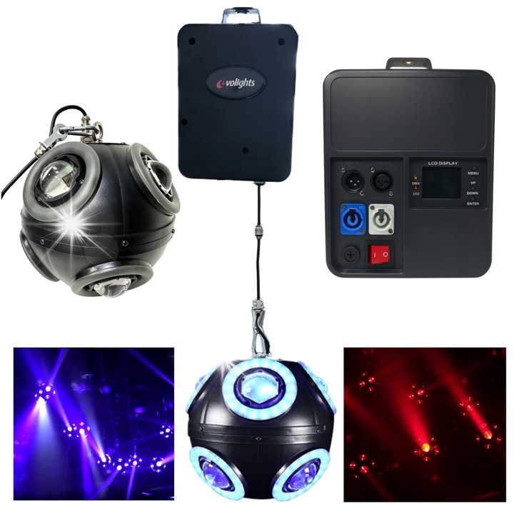 Evolights Cosmic Ball világítóberendezés, 2 az 1-ben sugárhatás LED gyűrűvel, RGBW, állítható magasság 0-3m, 20x20x24cm