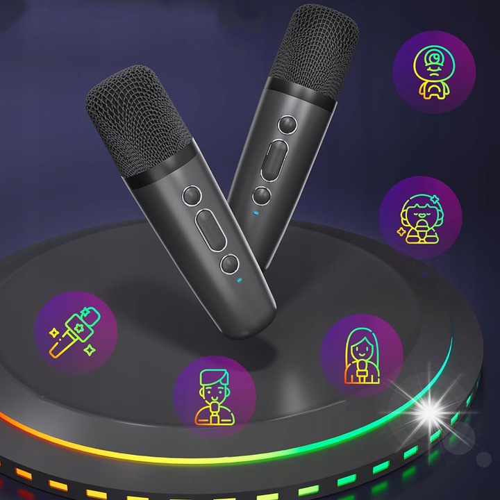Set karaoke pentru copii, 2 microfoane, difuzor portabil Bluetooth, iluminare LED RGB, 9x6,8x8,8cm