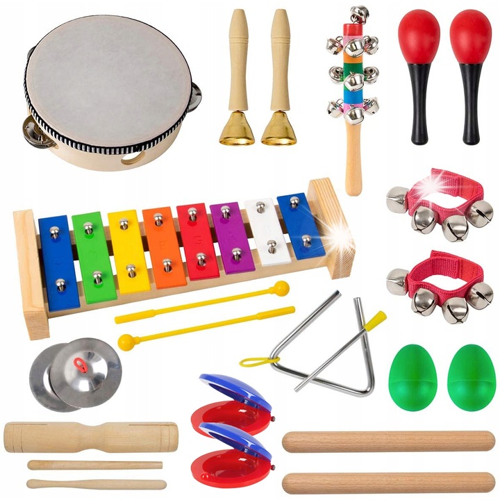 Set educational 12 instrumente muzicale, maracas, tamburine, clopotei, culori variate, dimensiune practica
