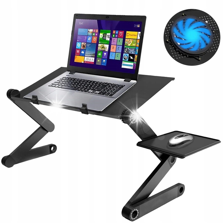 Support laptop F2, aluminiu anodizat, cu ventilator, negru, 530x260x40mm, set cu suport mouse