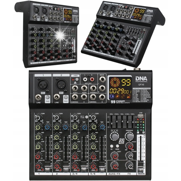 Mixer audio analogic DNA QFX6, 6 canale, USB, Phantom +48V, DSP, 25,5x24,5x9,5cm