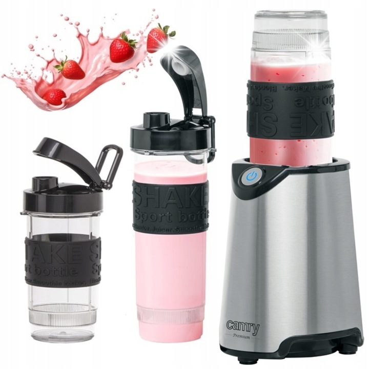 Turmixgép, Camry, 800W, 2 sportpalack, rozsdamentes acél, ezüst/fekete, 120x355x140mm