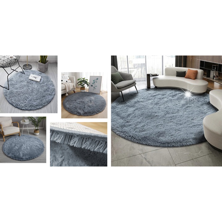Covor Shaggy rotund 160 cm SilverFur, antiderapant, moale, gri