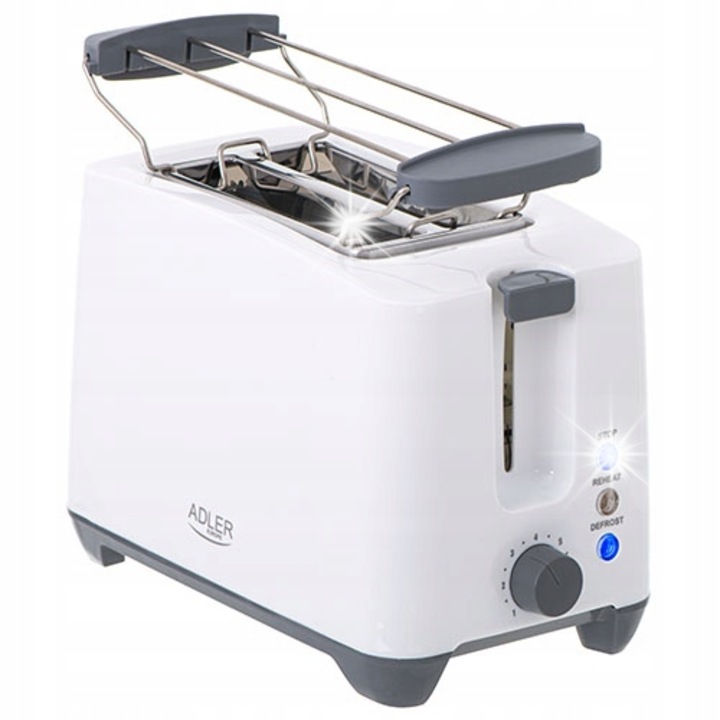 Toster Adler 1000W, 2 felii, 7 niveluri, alb, cu ruszt pentru incalzirea banutilor