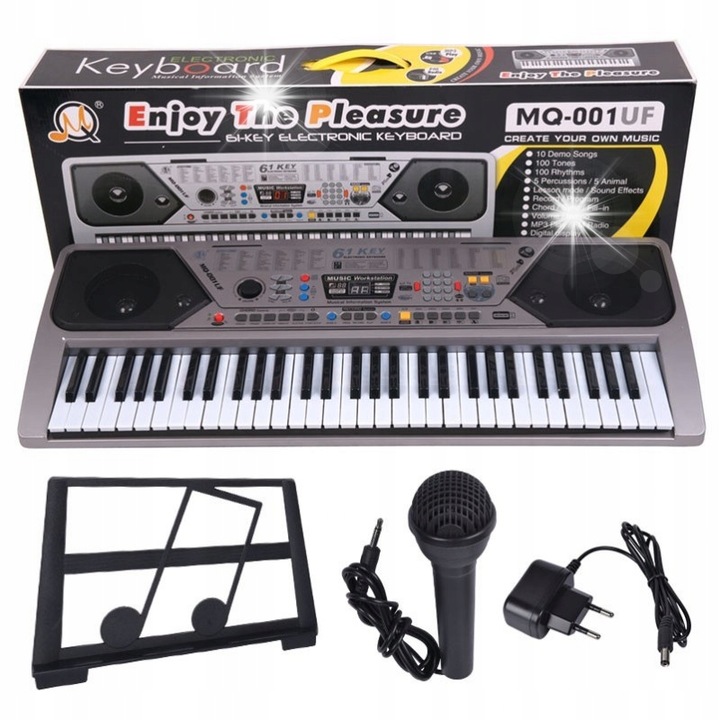 Детски синтезатор с 61 клавиша, микрофон, USB, MP3, радио, 100 инструмента, 100 ритъма, MQ 001 UF, 80x30x9,5см, сребрист