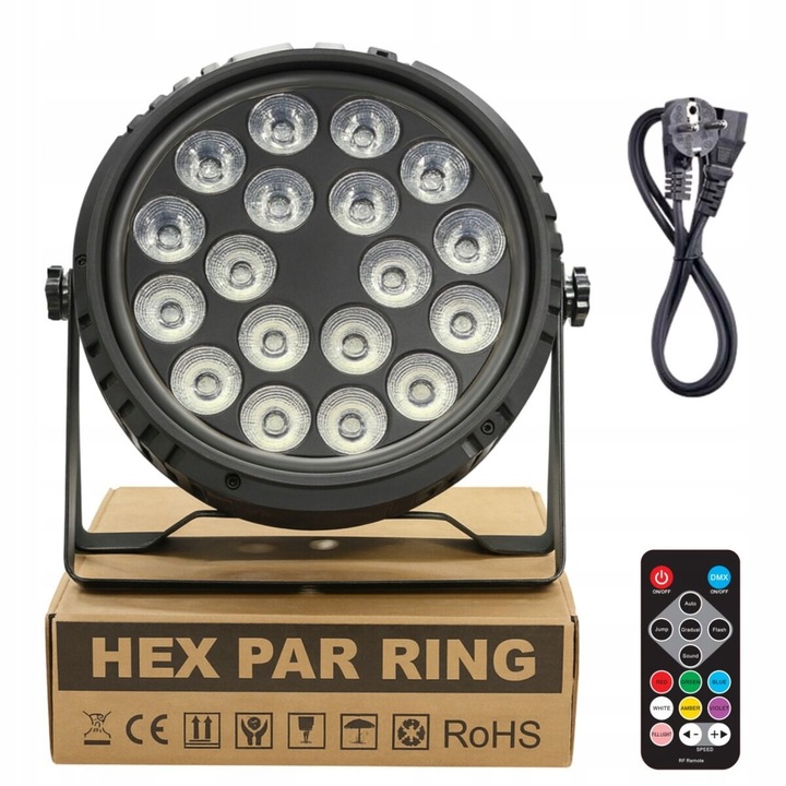 Reflektor LED Light4Me Hex Par Ring, RGBWA+UV színpadi projektor 18×6W + 30×0,3W, DMX kompatibilis, IR távirányító, fekete, 1 db