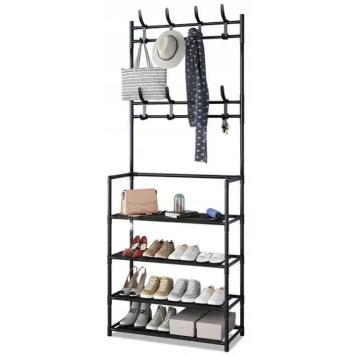 Cuiere stand, 60x155cm, negru, cu 2 randuri de carlige si 4 polite waterproof