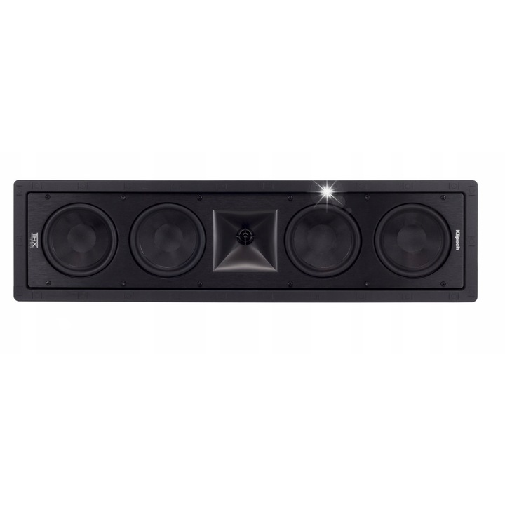Boxa incastrabila Klipsch THX-504-L, certificat THX Ultra2, 4 x 13,3 cm woofer fibra de sticla, tweeter titaniu 2,5 cm in Tractrix Horn 90°x90°, 8 Ω, 92 dB, 600W/150W, negru (masca alba vopsabila), 72,4 x 20,3 cm, adancime montaj 9,5 cm