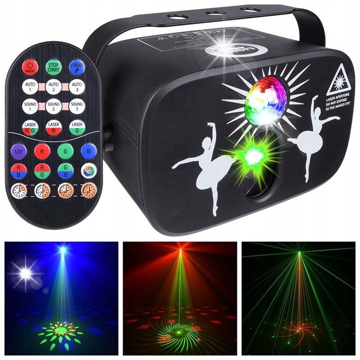 Világítástechnikai berendezés, Light4Me, Party Light 3, többfunkciós RGB, piros és zöld lézer, 14x9,2x8cm, komplett szett