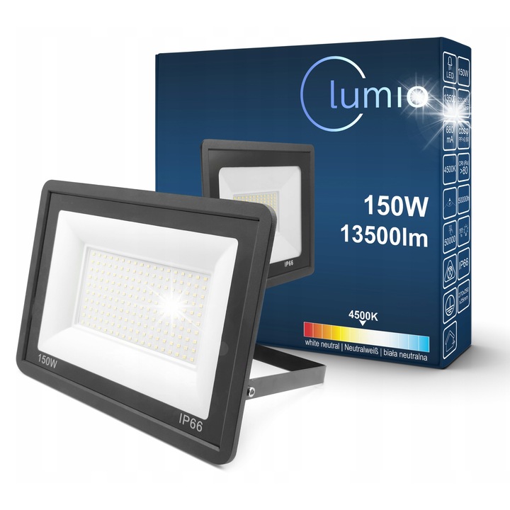 Proiector Halogen LED Lumio 150W, 13500lm, alb neutru 4500K, IP66, dimensiuni compacte