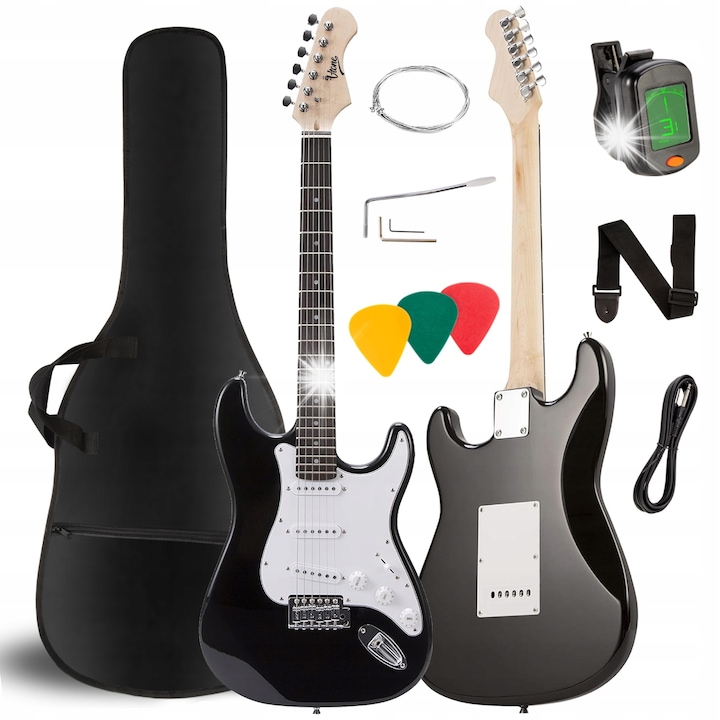 Chitara electrica Stratocaster 4/4 V-Tone, neagra, set complet cu husa, cablu, 3 pene, tuner, corzi