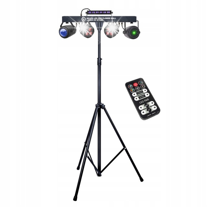 Echipament de iluminat Light4Me multiefect LED PAR Flower Ball Laser UV Strobe, 2 reflectoare RGBW, 6 LED-uri UV, 800x265x170mm