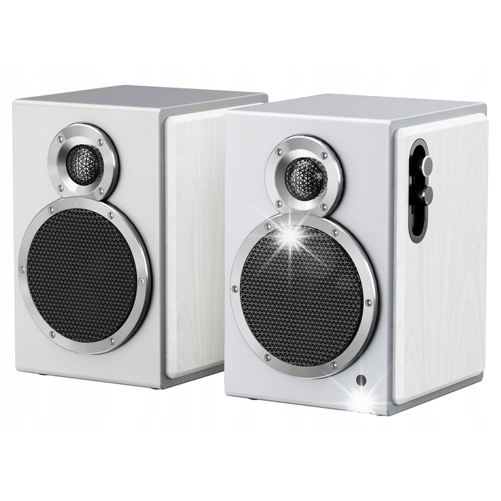 Boxe active de birou FiiO SA1, bi-amp, Bluetooth 5.4 cu LDAC, DAC USB-C, egalizator PEQ 31 benzi, preamplificator phono, iesire subwoofer, Hi-Res Audio, Cloud White, set 2 buc. (activa + pasiva)