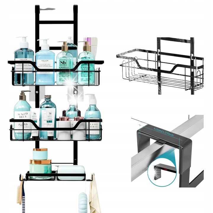 Polka prysznicowa cu suport antiderapant, neagra, 1,8-2 cm, montare simpla