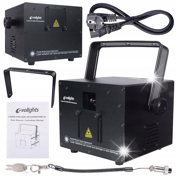 Proiector laser EVOLIGHTS LASER PRO RGB 3W ANIMATION V2, 3W, rosu-verde-albastru, 198x160x190mm, profesional