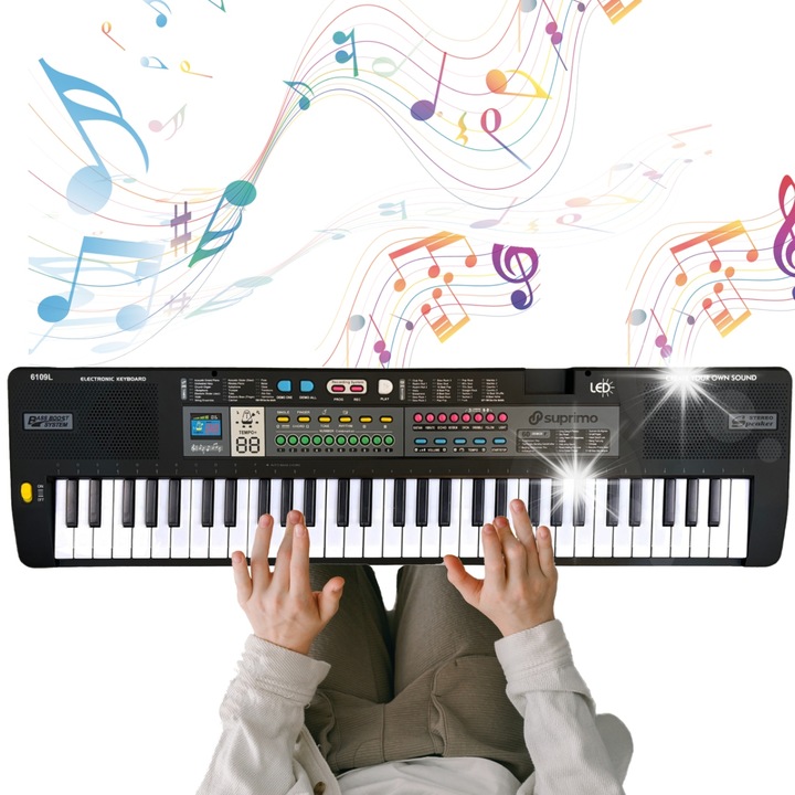 Orga educationala Suprimo 6109L cu 61 de clape, microfon, suport pentru partituri, negru, 76x20x5,7cm