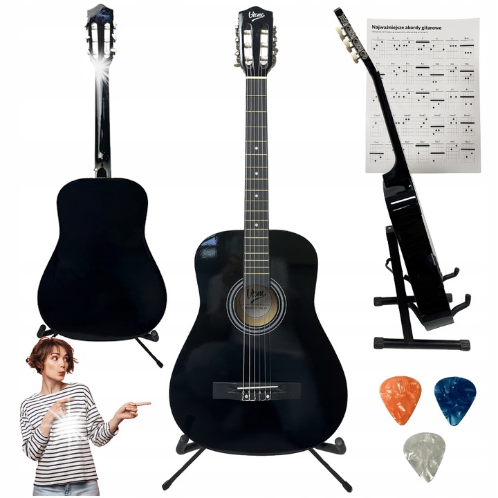 Класическа китара 4/4 V-Tone, черна, комплект с 3 перца и акорди, размери 96x36,5x8,5см