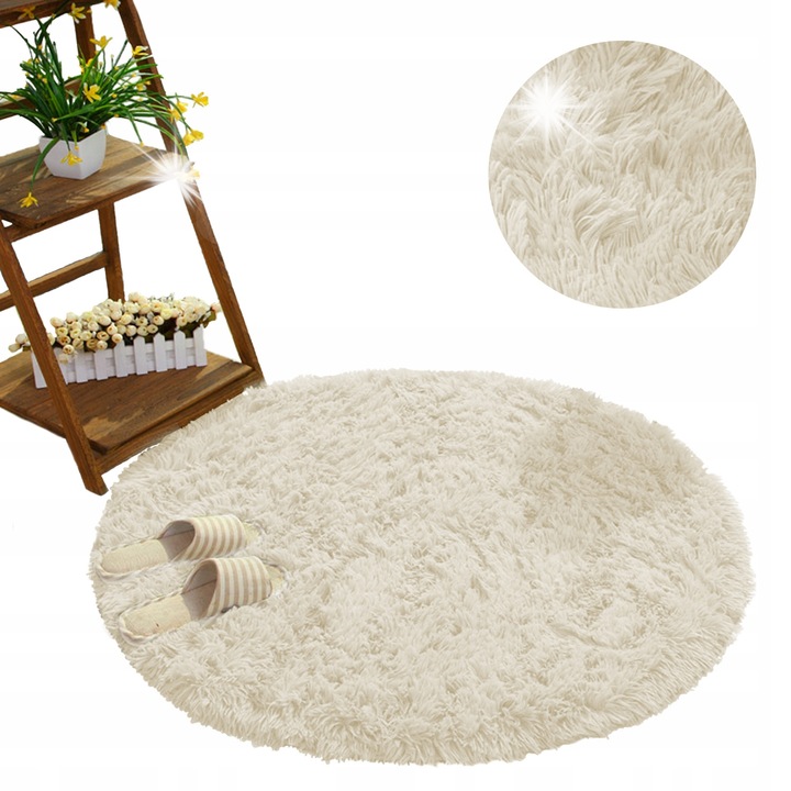 Кръгъл килим Shaggy, КремавоБежов, 90x90 см, противоплъзгащ, мек