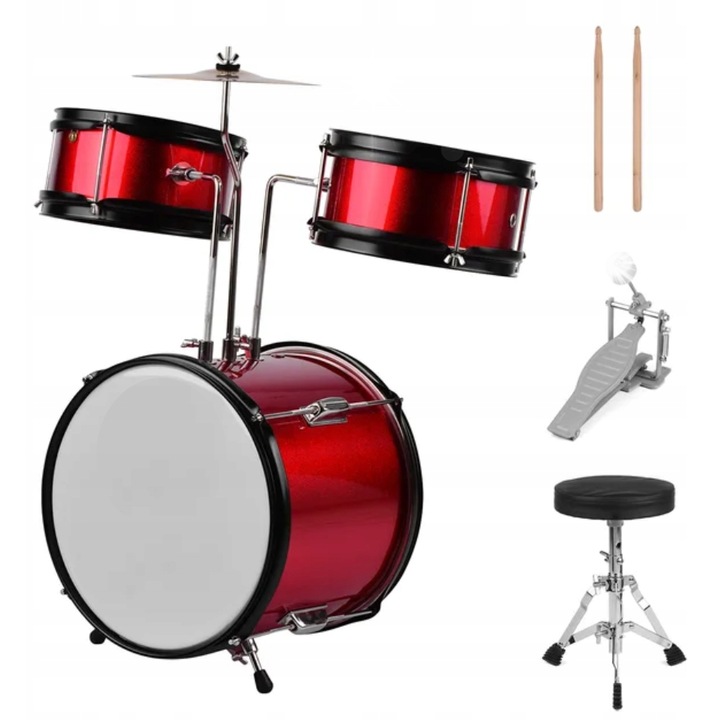 Set percutie pentru copii Kera ZPD-3-Red, 1x toba bas (13"), 2x toba tom (8"), 1x taler Crash (8"), compact 46x29,5x36cm, rosu