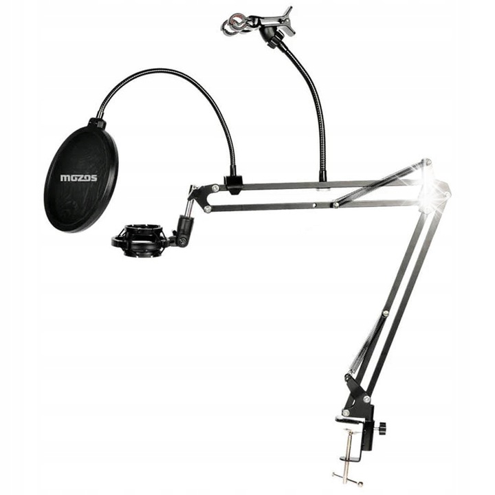 Пълен комплект за микрофон, Mozos, рамо за бюро, поп филтър, държач за смартфон, черен, 95 см